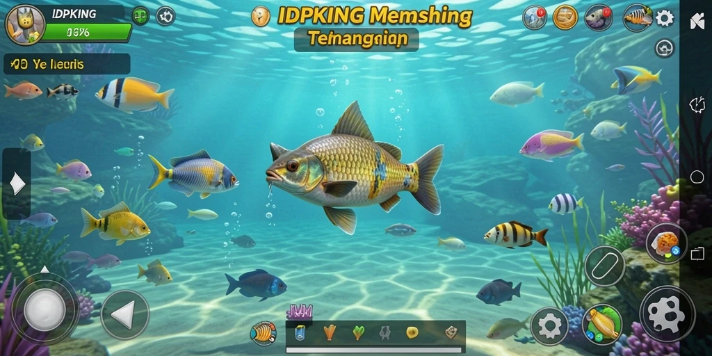 Screenshot gameplay <strong>IDPKING</strong> menampilkan aksi seru memancing dengan ikan berwarna-warni.