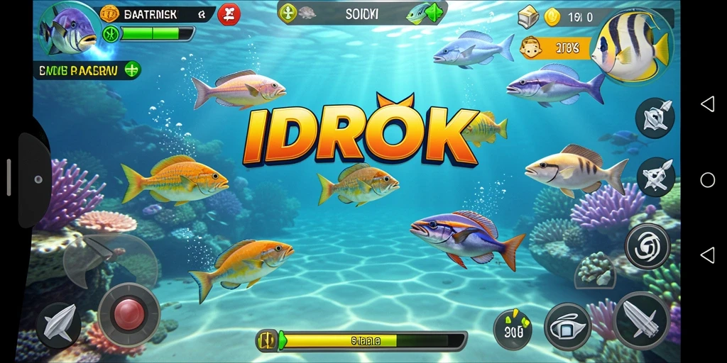Gameplay seru IDROK dengan berbagai ikan untuk ditembak.