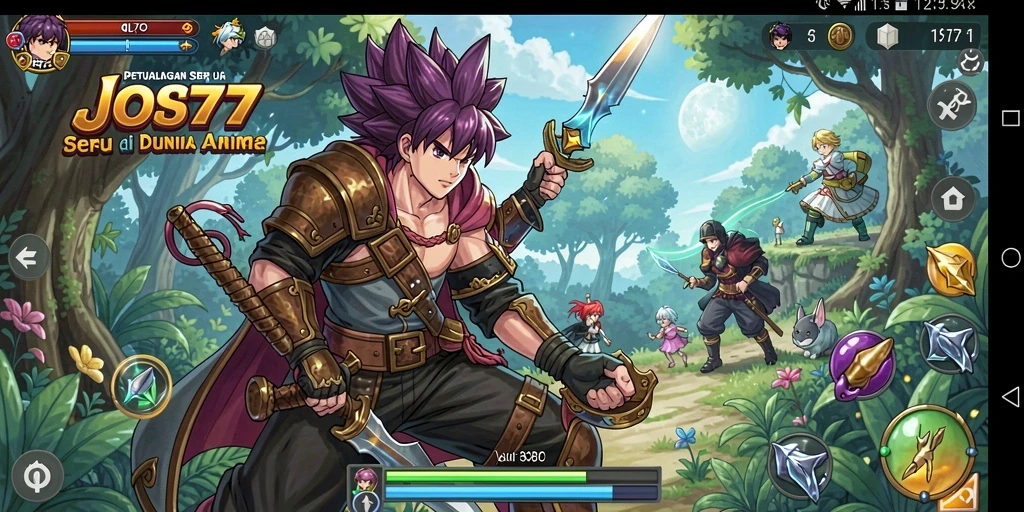 Screenshot gameplay JOS77 menampilkan karakter anime yang beraksi di medan pertempuran.